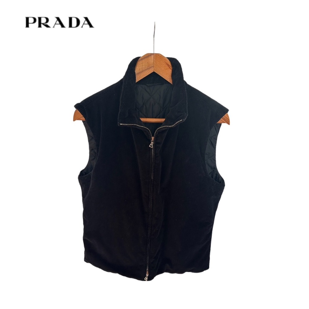 Prada Corduroy No-Sleeve Zip Up Sweater
